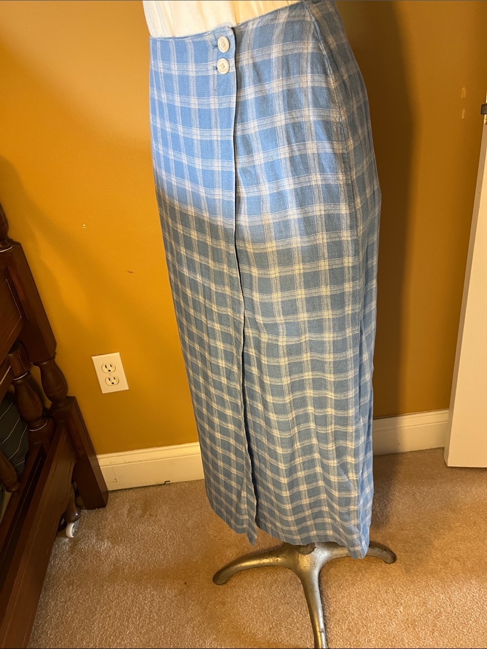 Talbots Light Blue Irish Linen Plaid Maxi Skirt faux Wrap - Picture 5 of 6